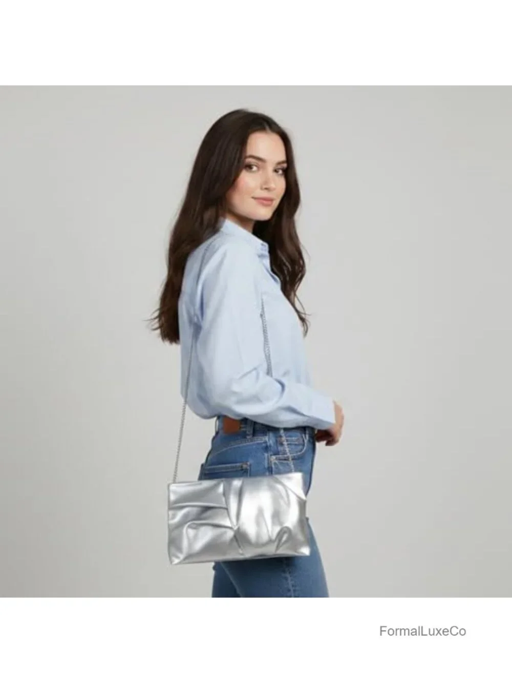 Ruched PU Leather Pleated Clutch with Gold Chain Strap
